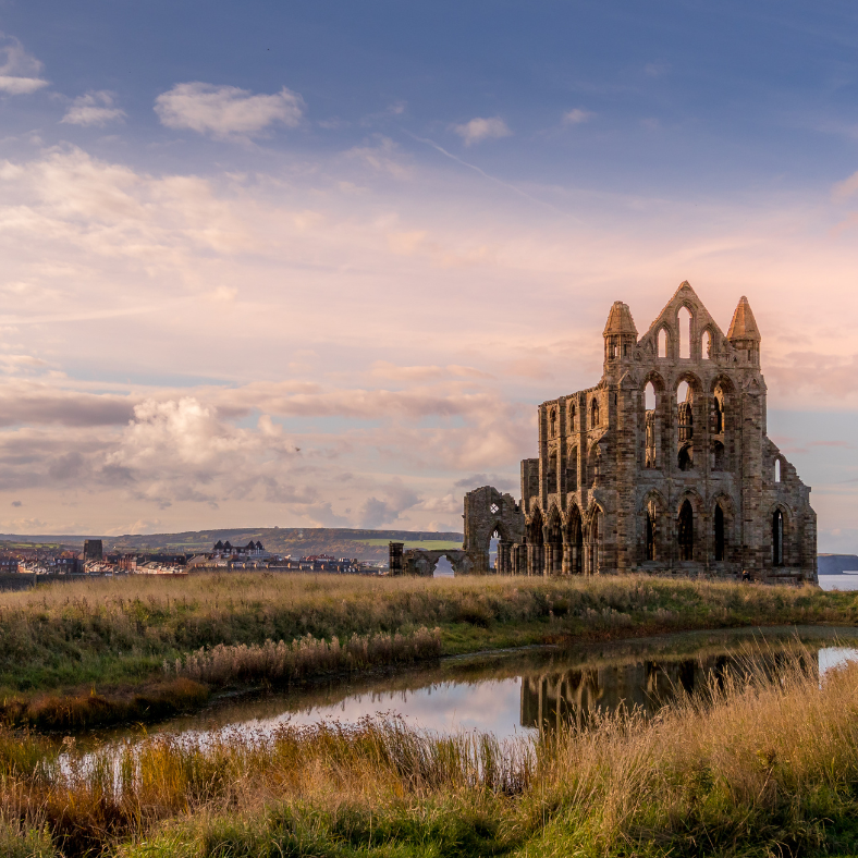 Whitby Abbey ruins at dusk
